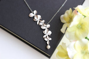 Orchid Flower with Simulated Pearl Necklace Pendant Charm Long Chain Collars Necklace for Women Chic Party Gift Jewelry