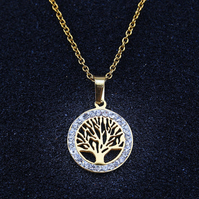 Tree of Life Necklaces Pendants Shiny Crystal Chocker Necklace Steel Gold Women Fashion Stainless Steel Necklace Chain Jewelry