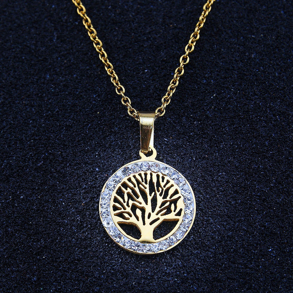 Tree of Life Necklaces Pendants Shiny Crystal Chocker Necklace Steel Gold Women Fashion Stainless Steel Necklace Chain Jewelry