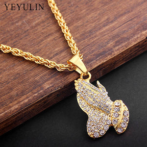 Trendy Alloy Gold Color Fulled Crystal Double Hands Prayer Pendant Necklace Hop Link Chain Necklace For Men