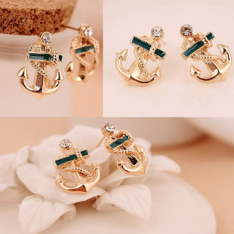 Trendy Charming Jewelery Accessories 1 Pair Chic Crystal Rhinestone Inlaid Sailor Anchor Shaped Woman Ear Stud