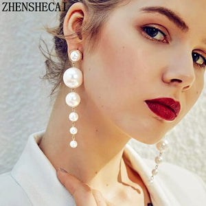 Trendy Elegant Created Big Simulated Pearl Long Earrings Pearls String Statement Drop Earrings For Wedding Party Gift e0207