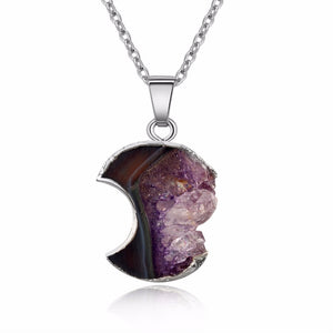 Trendy Geometric Crescent Purple Druzy Pendant Moon Necklaces Silver Chain Necklace Choker Jewelry For Women Girls Gifts DN702