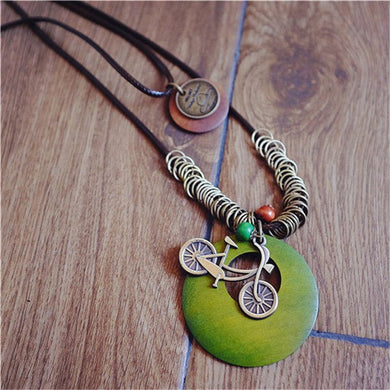 Trendy Korean Style Wood Bicycle Pendant Multilayer Statement Necklace For Women Office Lady Jewelry