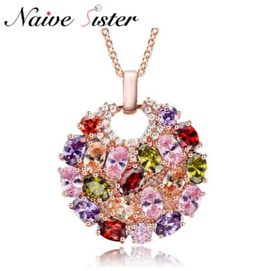 Trendy Mona Lisa Pendant Necklace Multicolor Cubic Zirconia Pendant Necklaces For Women Fashion Round Flower Long Jewelry Gift