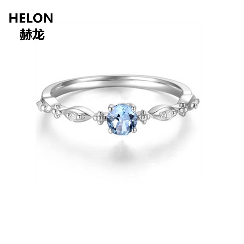 Trendy Solid 14k White Gold Natural Diamonds Engagement Ring for Women 4.5mm Round Cut Sky Blue Topaz Fine Jewelry Setting