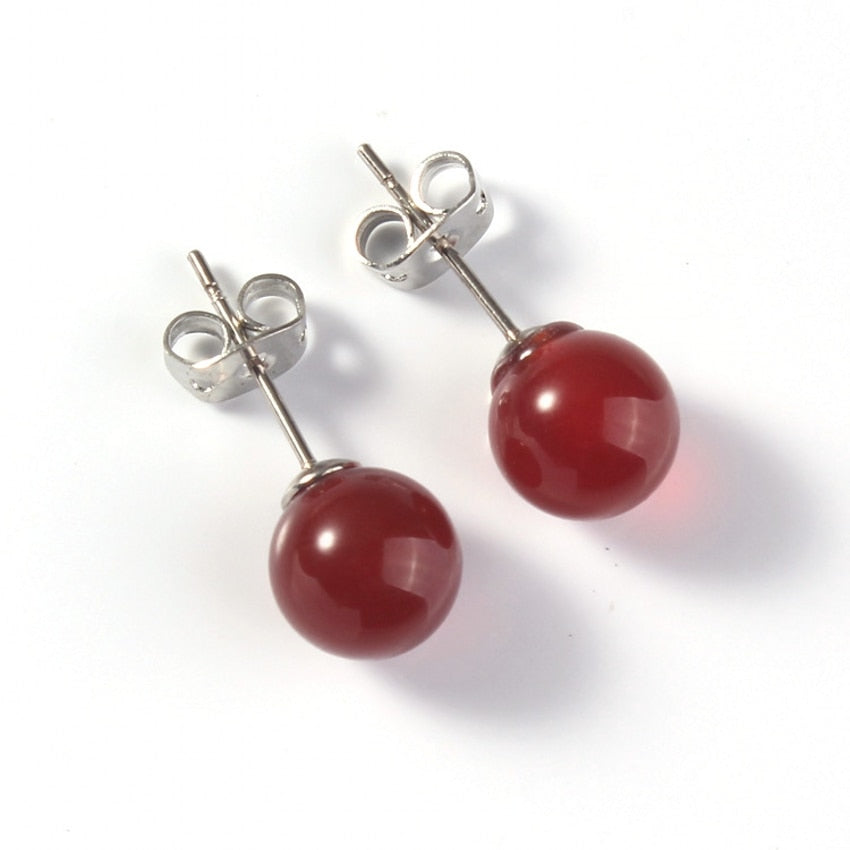 Perline alla moda Nuovi orecchini alla moda con perline rotonde in onice rosso placcato argento per gioielli di moda da donna 