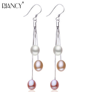 Trendy natural pearl earrings,three beads with long 925 silver earrings for women, fine jewelry wedding birthd gift