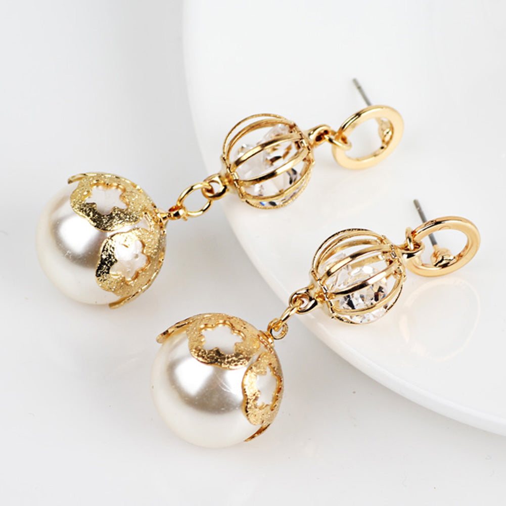Trendy simulated pearl ball earrings for girls Luxury hollow crystal gold color flower earrings for women accessories
