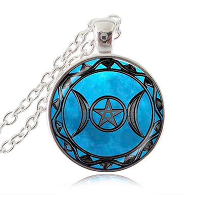Triple Moon Goddess Pendant Pentagram Necklace Witch Jewelry Glass Dome Wiccan Necklace Silver Chain Charm Wicca Jewellery HZ1