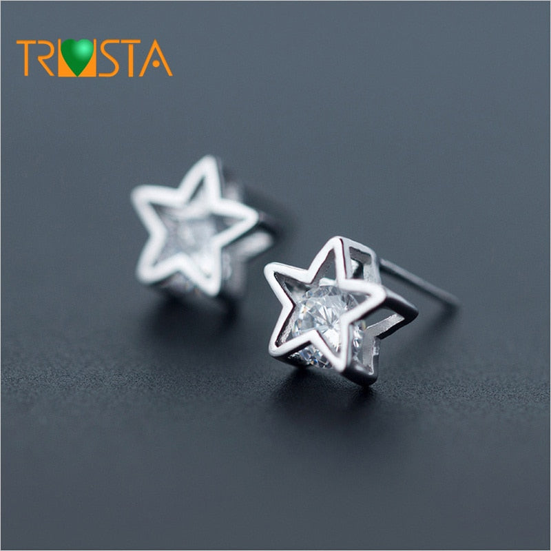 100% 925 Real Sterling Silver Jewelry Tiny 8mmX8mm High Quality Star CZ Stud Earrings For Girls Friend Kid Lady XY809