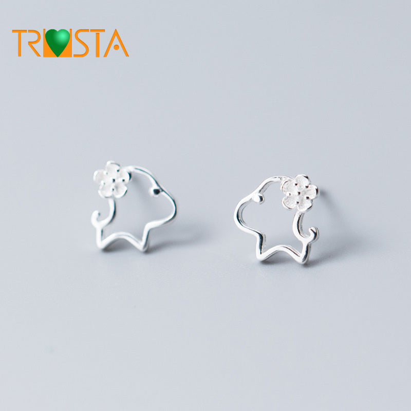100% 925 Real Sterling Silver Jewelry Women Fashion 9mmX9mm Hollow Symmetry Dog Stud Earring Gift For Girl Kid Lady XY646