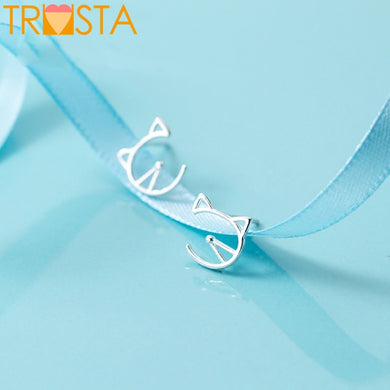100% 925 Solid Real Sterling Silver 10mmX10mm Cat Stud Earring For Teen Girl Kid Lady Women's Fashion Jewelry Gift XY983
