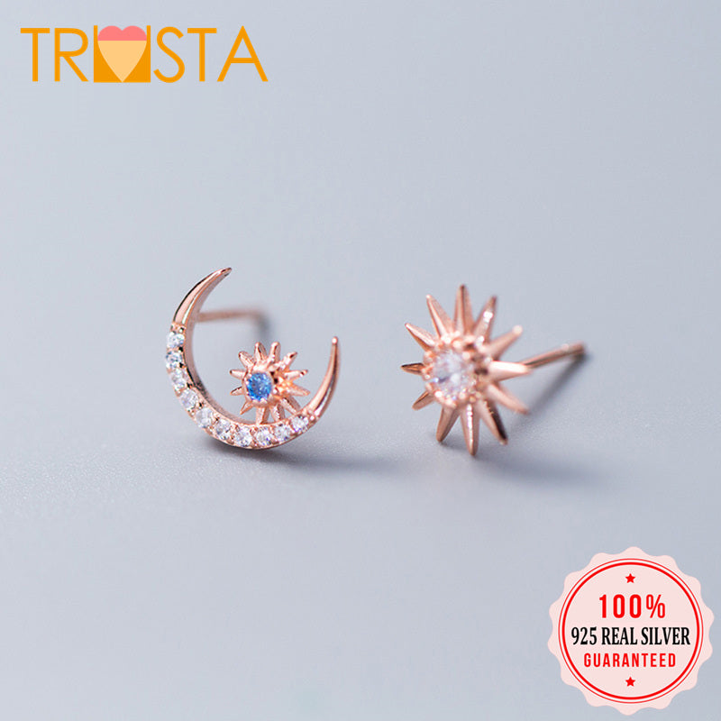 100% 925 Solid Real Sterling Silver 10mmX10mm Sun Moon Twinkling Stud Earring For Women Girl Silver Fine Jewelry XY1196