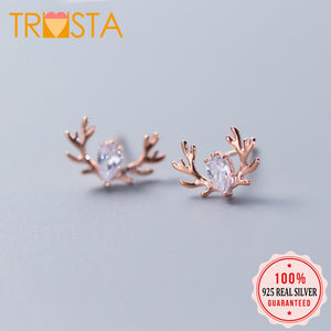 100% 925 Solid Real Sterling Silver 12mmX8mm Rose Elk CZ Stud Earring For Winter Women Girl Christmas Present XY1222