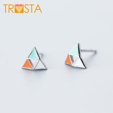 100% 925 Solid Real Sterling Silver 8mmX7mm Triangle Mixed Color Stud Earring For Women Girl Jewelry Brincos XY1116