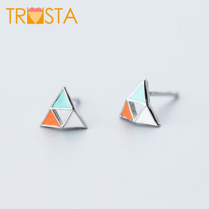 100% 925 Solid Real Sterling Silver 8mmX7mm Triangle Mixed Color Stud Earring For Women Girl Jewelry Brincos XY1116