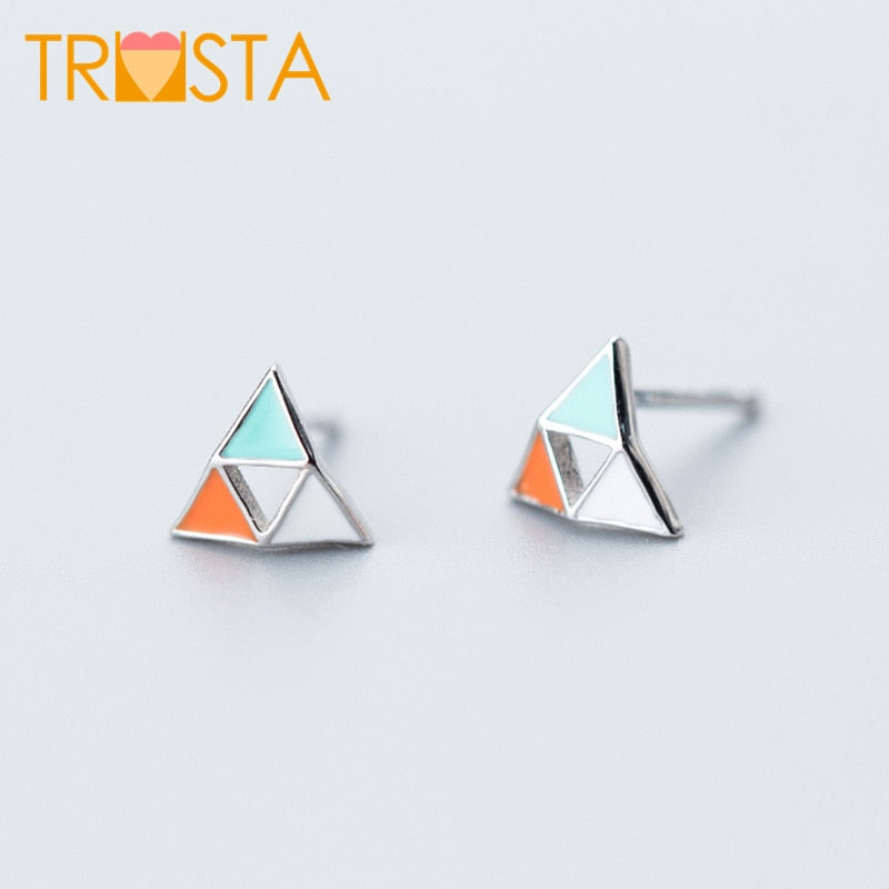 100% 925 Solid Real Sterling Silver 8mmX7mm Triangle Mixed Color Stud Earring For Women Girl Jewelry Brincos XY1116