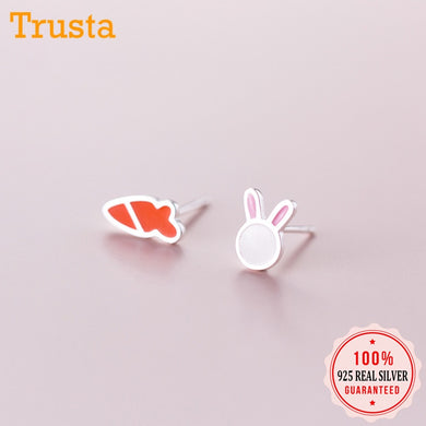 100% 925 Solido Reale Argento Sterling Asimmetrico Animale Coniglio Carota Orecchini con perno Regalo Per Le Ragazze Adolescenti Bambini Lady DS1258 