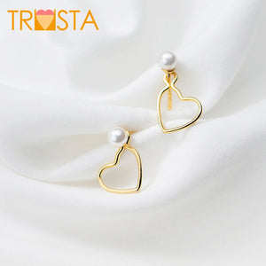 100% 925 Solid Real Sterling Silver Cute 6mmX10mm Gold Hollow Heart Stud Earring For Women Creative Fashion Jewelry XY931