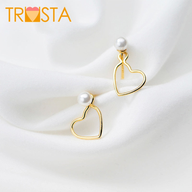 100% 925 Solid Real Sterling Silver Cute 6mmX10mm Gold Hollow Heart Stud Earring For Women Creative Fashion Jewelry XY931