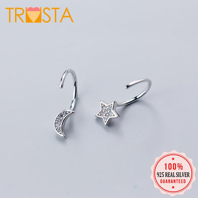 100% 925 Solid Real Sterling Silver Fashion 10mm Width Moon Star CZ Stud Earrings For Girls Women Silver Jewelry DS1167