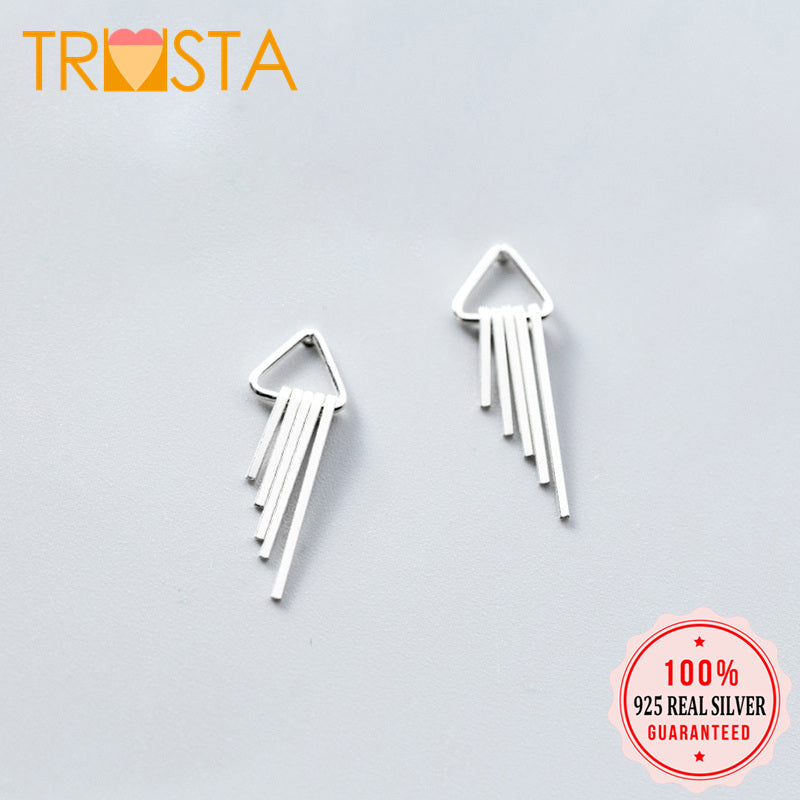 100% 925 Solid Real Sterling Silver Hollow Triangle Tassel Stud Earring For Teen Girl Women's Fashion Jewelry Gift XY1251