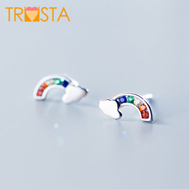 100% 925 Solid Real Sterling Silver Jewelry 5mmX12mm Rainbow with CZ Stud Earring For Teen Girl Friend Kid Lady XY1029