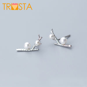 100% 925 Solid Real Sterling Silver Jewelry Leaves Synthesis Pearl Stud Earring For Girl Women Fine Jewelry XY1109