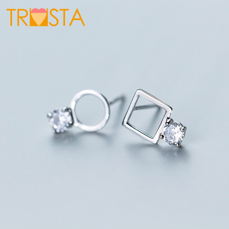 100% 925 Solid Real Sterling Silver Jewelry asymmetric Round Square CZ Stud Earring For Teen Girl Friend Kid Lady XY1063