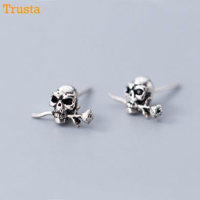 100% 925 Solid Real Sterling Silver Vintage Punk Style Small Skeleton Skull Carry Flower Stud Earrings DS1263