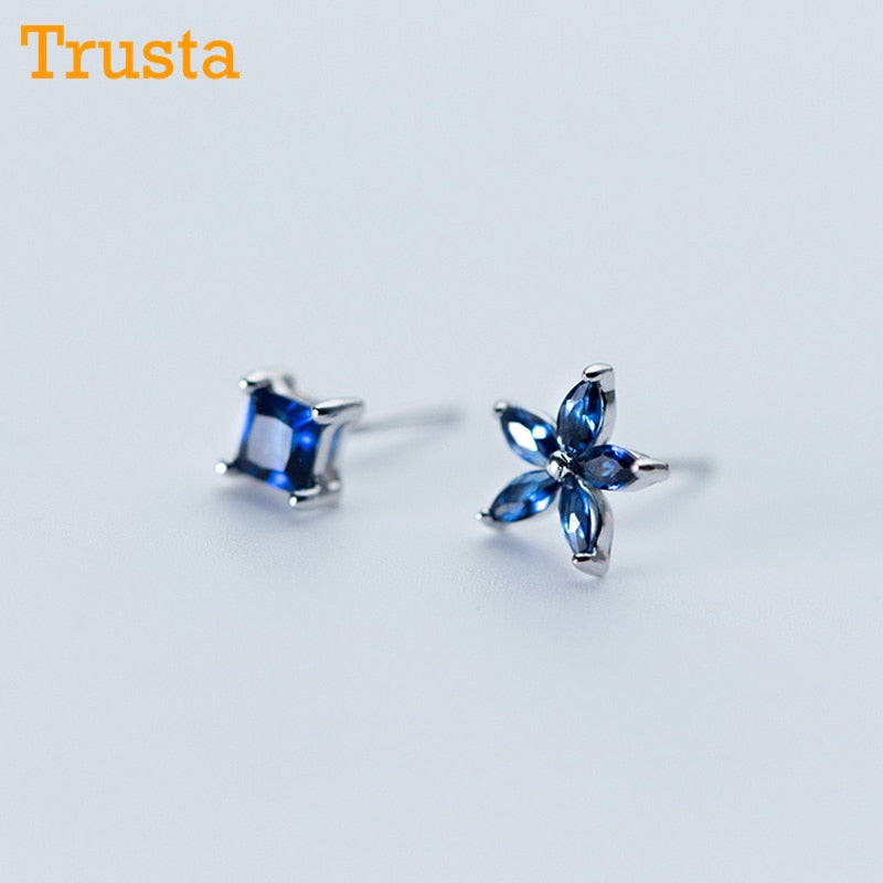 100% 925 Solid Real Sterling Silver Women Jewelry Blue Asymmetric Flower Square CZ Stud Earrings For Daughter Girls DS330