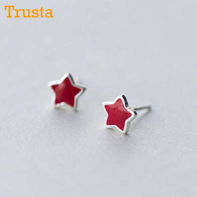 100% 925 Sterling Silver Earring Fashion Cute Pink Glaze 7mmX7mm Star Stud Earrings Gift For Scho Girls Kids Lady DS24