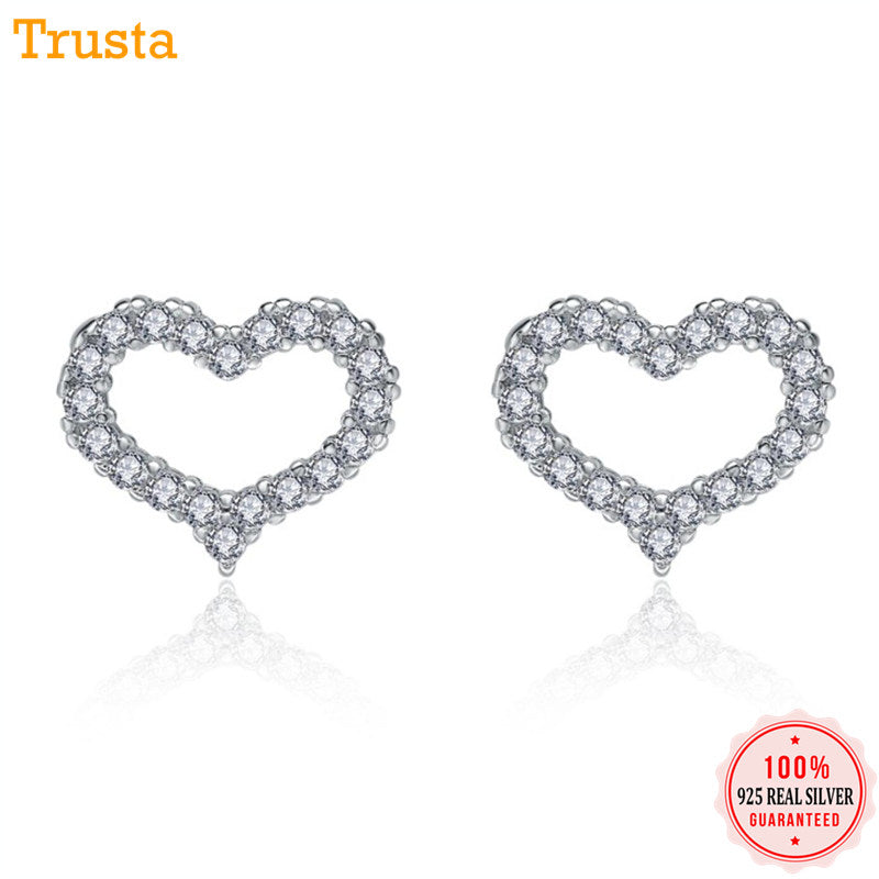 100% 925 Sterling Silver Jewelry Women's Fashion Cute Small CZ Stones Heart Stud Earrings Gift For Girls Teen Lady DS375