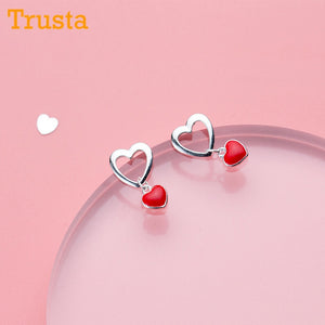 100% 925 Sterling Silver Women Jewelry Fashion Tiny 9mmX16mm Hollow Out Red Heart Stud Earrings For Daughter Girls DS577