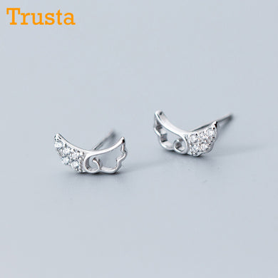 100% 925 Sterling Silver Women's Jewelry Fashion Tiny 11mmX5mm Hollow Wing CZ Stud Earrings Gift For Girl Kid Lady DS863