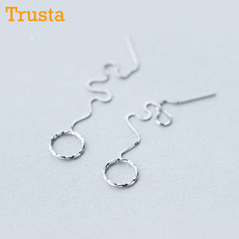 100% Solid Real 925 Sterling Silver Dangle Earrings Hollow Round 9.7cm Linked Drop Stick For Teen Girls Friends DS1028