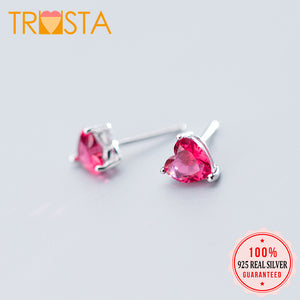 2018 100% 925 Solid Real Sterling Silver 6mmX7mm Red Heart Stud Earring For Women Girl Fine Jewelry XY1242