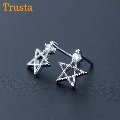 2018 100% 925 Sterling Silver Cute Tiny Hollow Star 9mmX10mm With Clear CZ Stud Earrings Women's Jewelry DS491