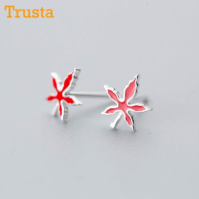 2018 100% 925 gioielli in argento sterling moda carino piccolo 8mmX8mm foglie rosse orecchini con perno per ragazze figlia DS343 