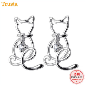 2018 100% 925 Sterling Silver Jewelry Fashion Cute 16mmX10mm Hollow CZ Cat Stud Earrings Gift For Girls Teen Lady DS516
