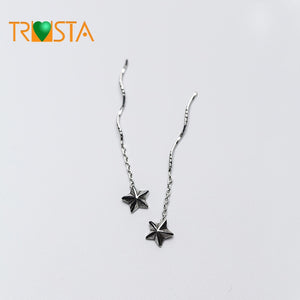 Fashion 100% 925 Real Sterling Thai Silver Stud Earrings Little Star 3.6cm Linked Drop Stick Girls Friends Gift XY684