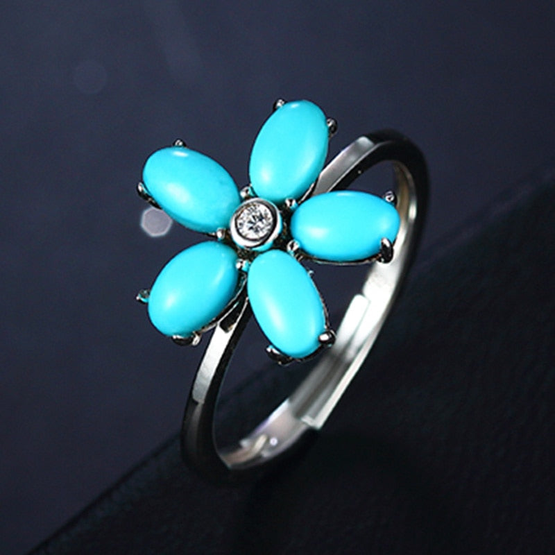 Turquoise Flower Ring 100% Fine 925 Sterling Silver Ring Adjustable White Gold Plated Party Cocktail Ring for Girl