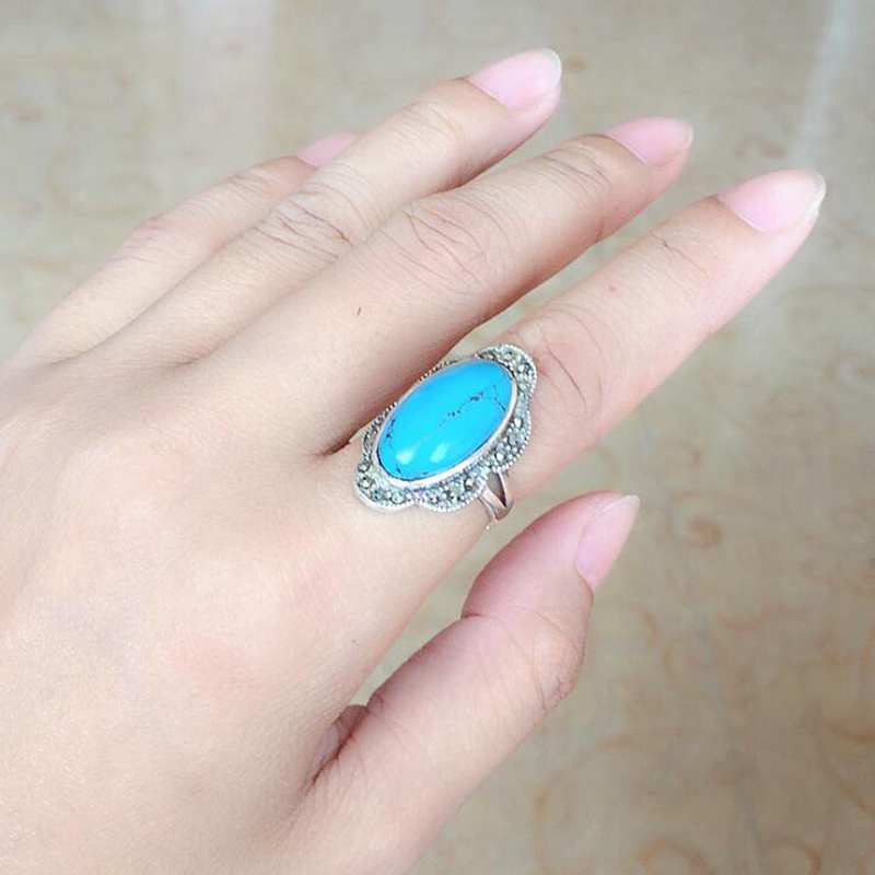Turquoise Ring in Sterling Silver 925 & Genuine Turquoise Adjustable Open Ring for Women Bohemia Fine Jewelry Gift YRI112