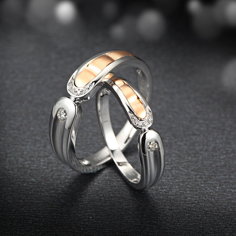 Two-Tone 18K Gold Diamond Wedding Ring Couple Set 0.06+0.04ct Diamond Jewelry Handmade Engagement Band