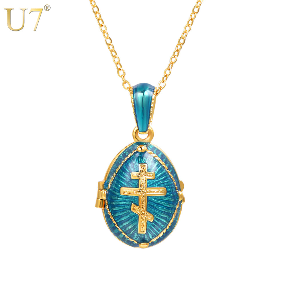Blue Oval Orthodox Cross Locket Pendant Necklace & Link Chain Gold Color Religion Christians Jewelry For Men/Women P1162