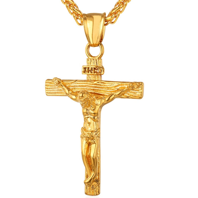 Cross Necklace INRI Crucifix Jesus Piece Pendant Gold Color Stainless Steel Men Chain Catholic Jewelry Christmas Gifts P624