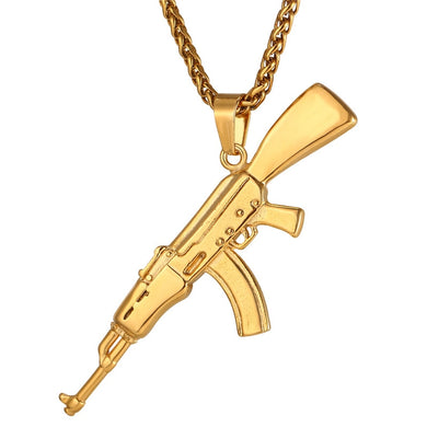 Hop Jewelry AK47 Assault Rifle Pattern Necklace Gold Color Stainless Steel Co Fashion Pendant & Chain For Men P1046
