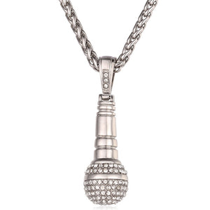 Ice Out Chain Necklace Microphone Pendant Men/Women Stainless Steel Gold Color Rhinestone Best Friend Jewelry Hop P1018