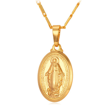 Tiny Virgin Mary Necklace Pendant Christmas Gift Silver/Gold Color Christlicher Cross Medallion Women Christian Jewelry P357